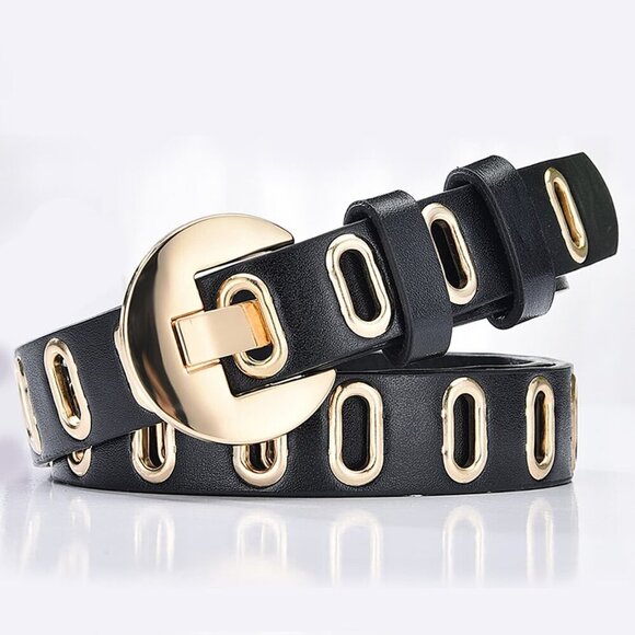 Black casualWomen's Studded Hollow Out Buckle Belt